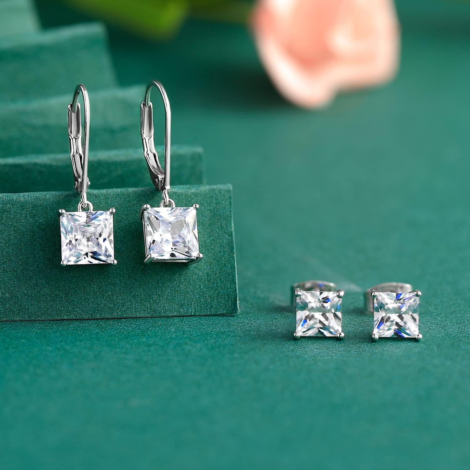 18K White Gold Plated round Princess Cut Clear Cubic Zirconia Tear Drop Dangle Earrings for Women Hypoallergenic