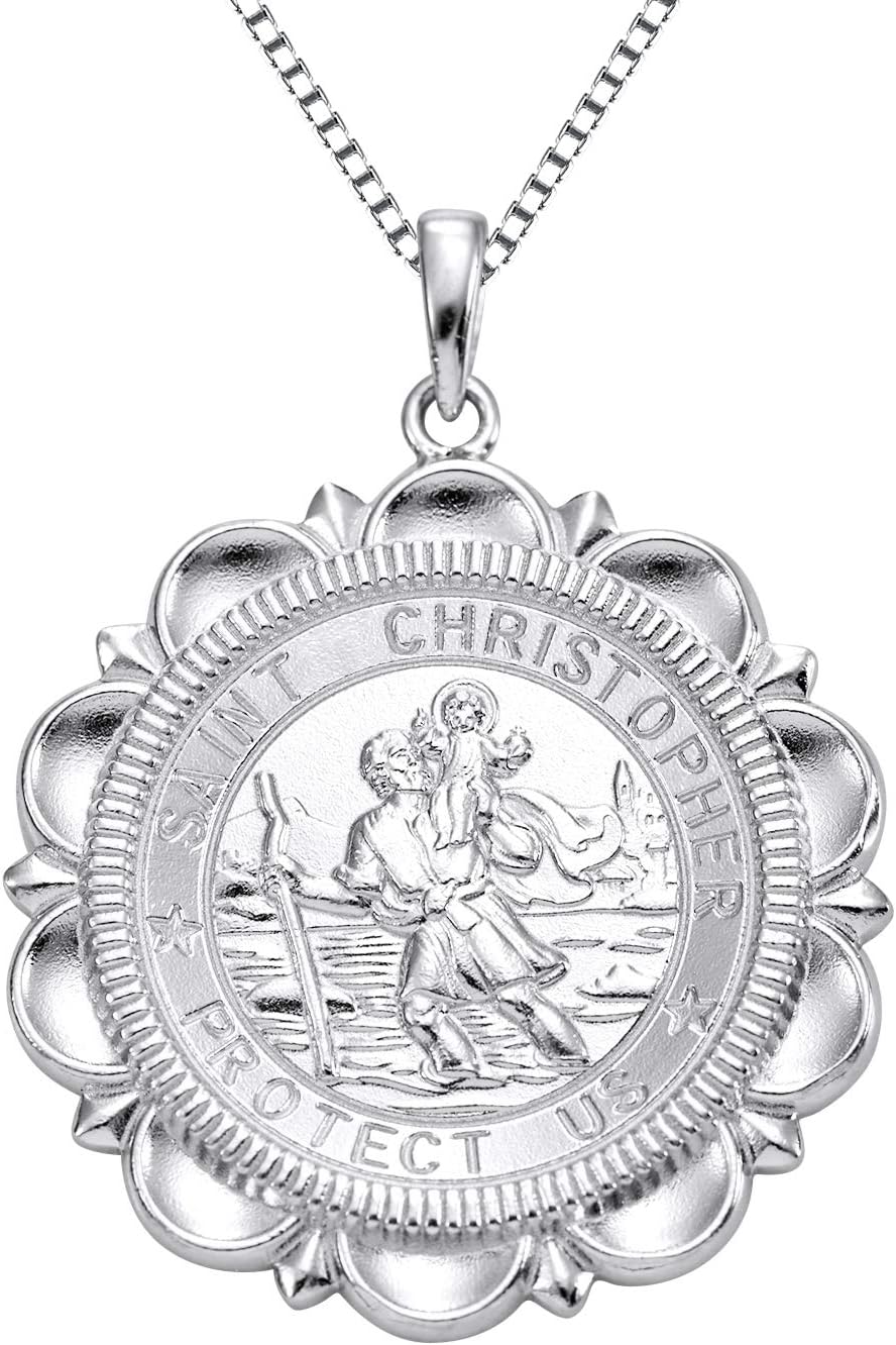 St Christopher Necklace Solid 925 Sterling Sliver Engraved Pendant round Religious Talisman Jewelry for Women