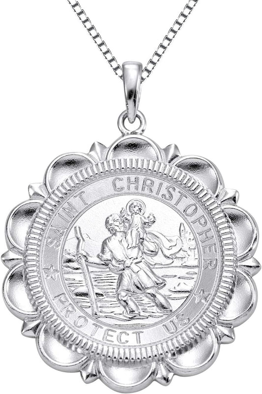 St Christopher Necklace Solid 925 Sterling Sliver Engraved Pendant round Religious Talisman Jewelry for Women