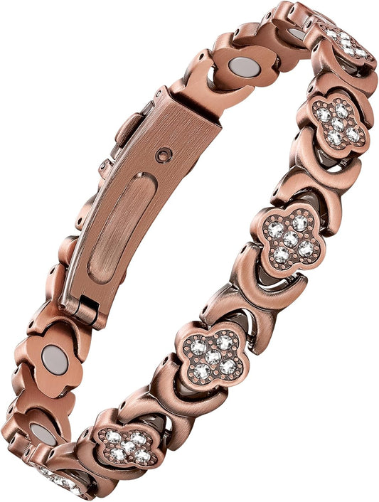 Pure Copper Bracelet for Women, Ultra Strength Magnetic Therapy Bracelets with 3800 Gauss Magnets，Four-Leaf Clover Jewelry