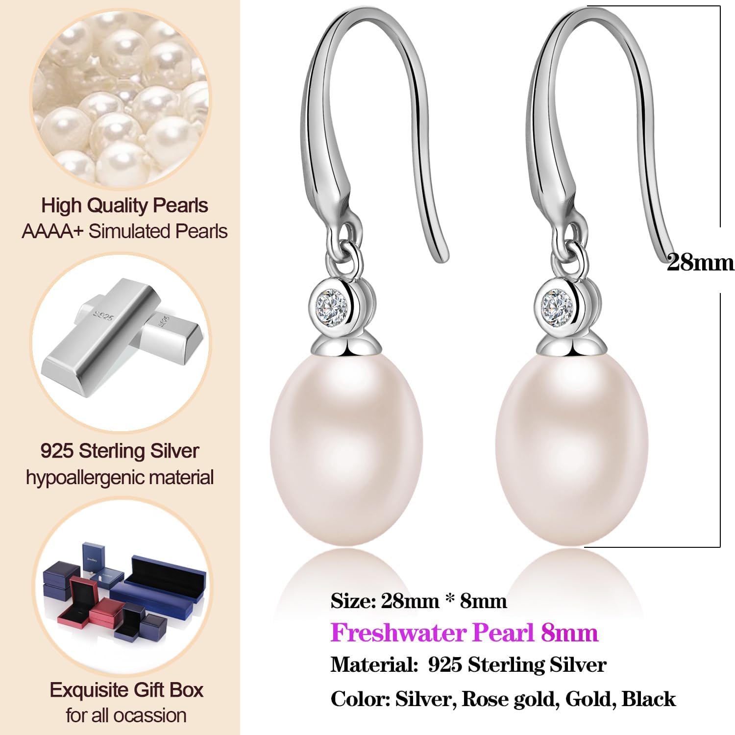 Pearl Earrings for Women 925 Sterling Silver Hook Earrings Dangle Drop Pearl Earrings Silver Drop Earrings for Women, Come with Gift Box