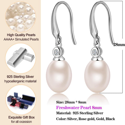 Pearl Earrings for Women 925 Sterling Silver Hook Earrings Dangle Drop Pearl Earrings Silver Drop Earrings for Women, Come with Gift Box