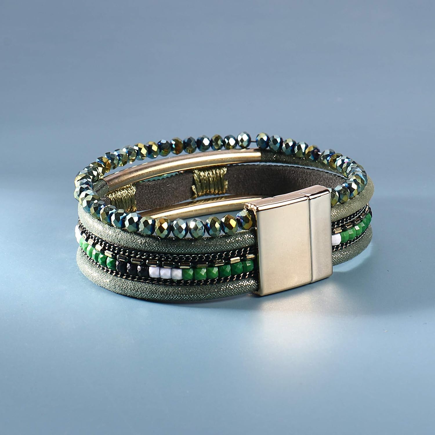 Leather Wrap Bracelets Crystal Beads Bracelet Boho Cuff Stone Charm Bracelets with Clasp Costume Jewelry for Women
