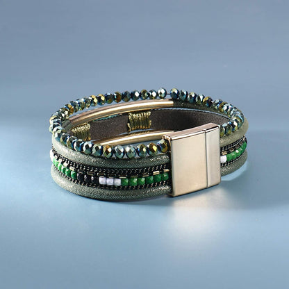 Leather Wrap Bracelets Crystal Beads Bracelet Boho Cuff Stone Charm Bracelets with Clasp Costume Jewelry for Women