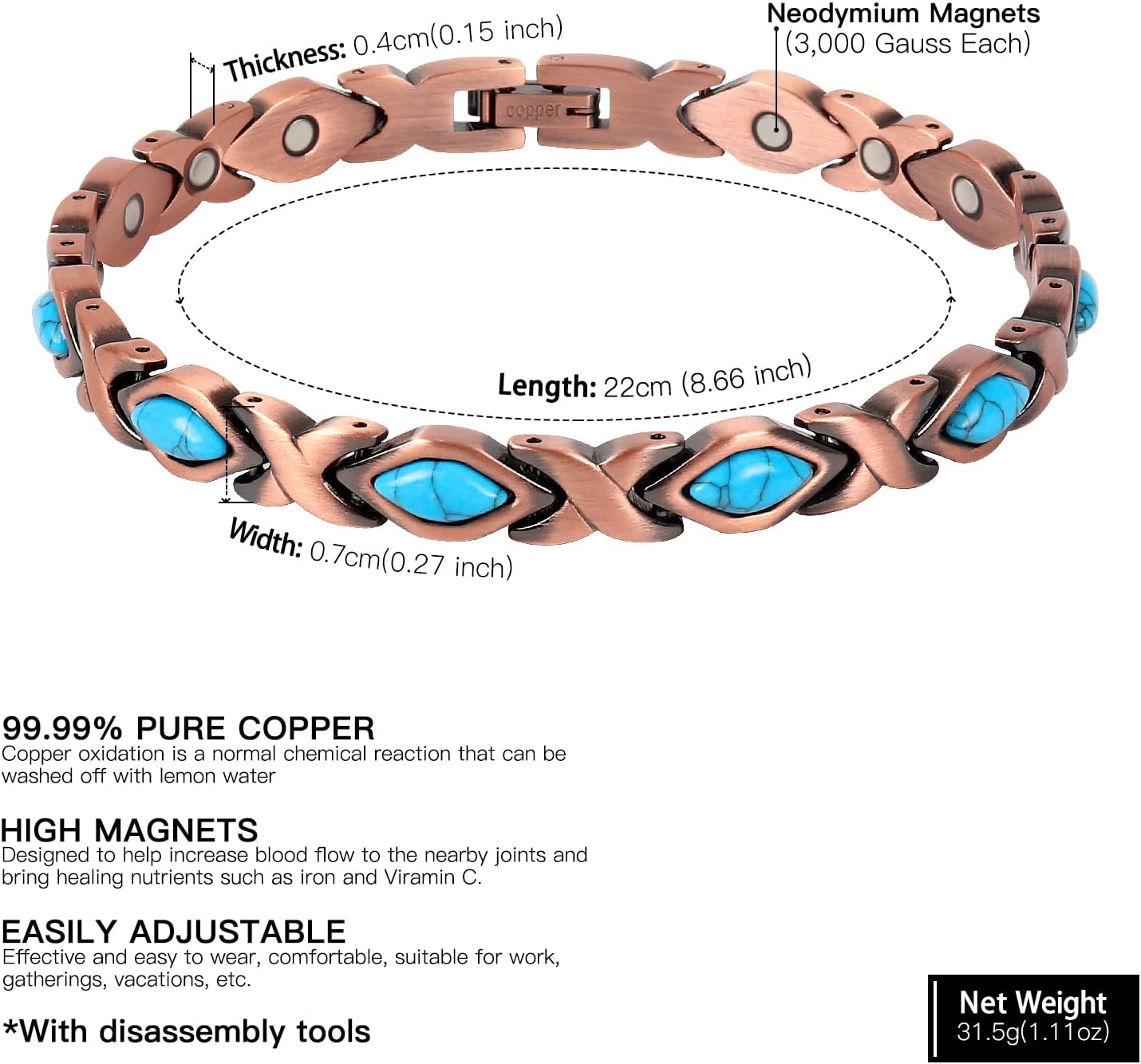 ® 99.9% Pure Copper Turquoise Magnetic Bracelet - 3000 Gauss Magnetic Copper Bracelets for Women - Adjustable Length with Adjusting Tool