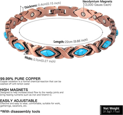 ® 99.9% Pure Copper Turquoise Magnetic Bracelet - 3000 Gauss Magnetic Copper Bracelets for Women - Adjustable Length with Adjusting Tool