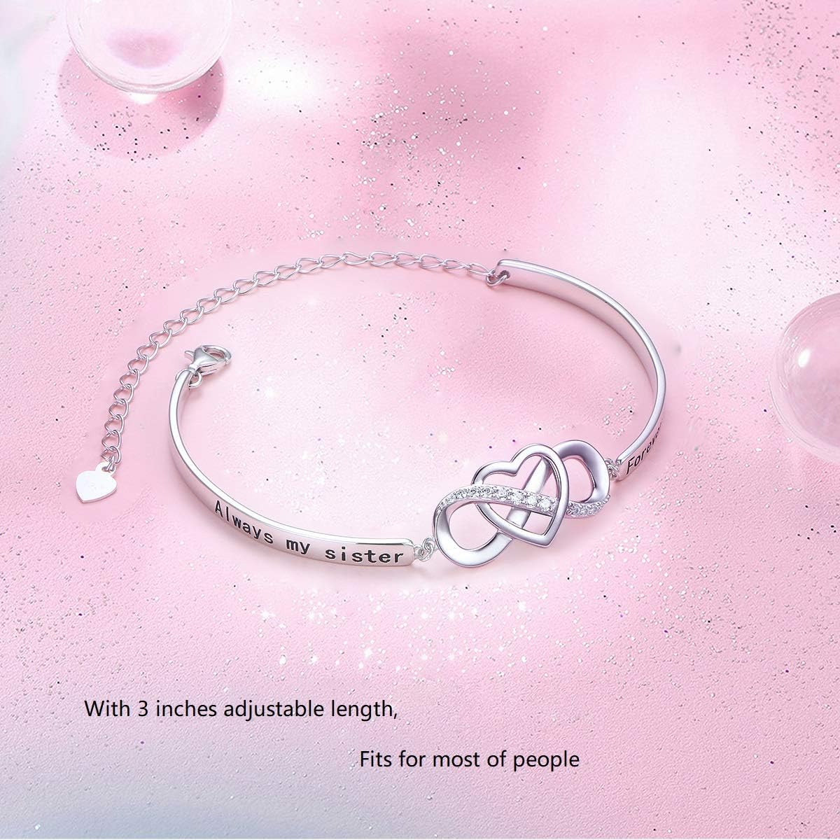 Mothers Day Gifts 925 Sterling Silver Infinity Love Heart Bracelet with Inspirational Message for Mother Daughter Sister Wife, Adjustable Length Bangle Bracelets Friendship Jewelry for Women Girls