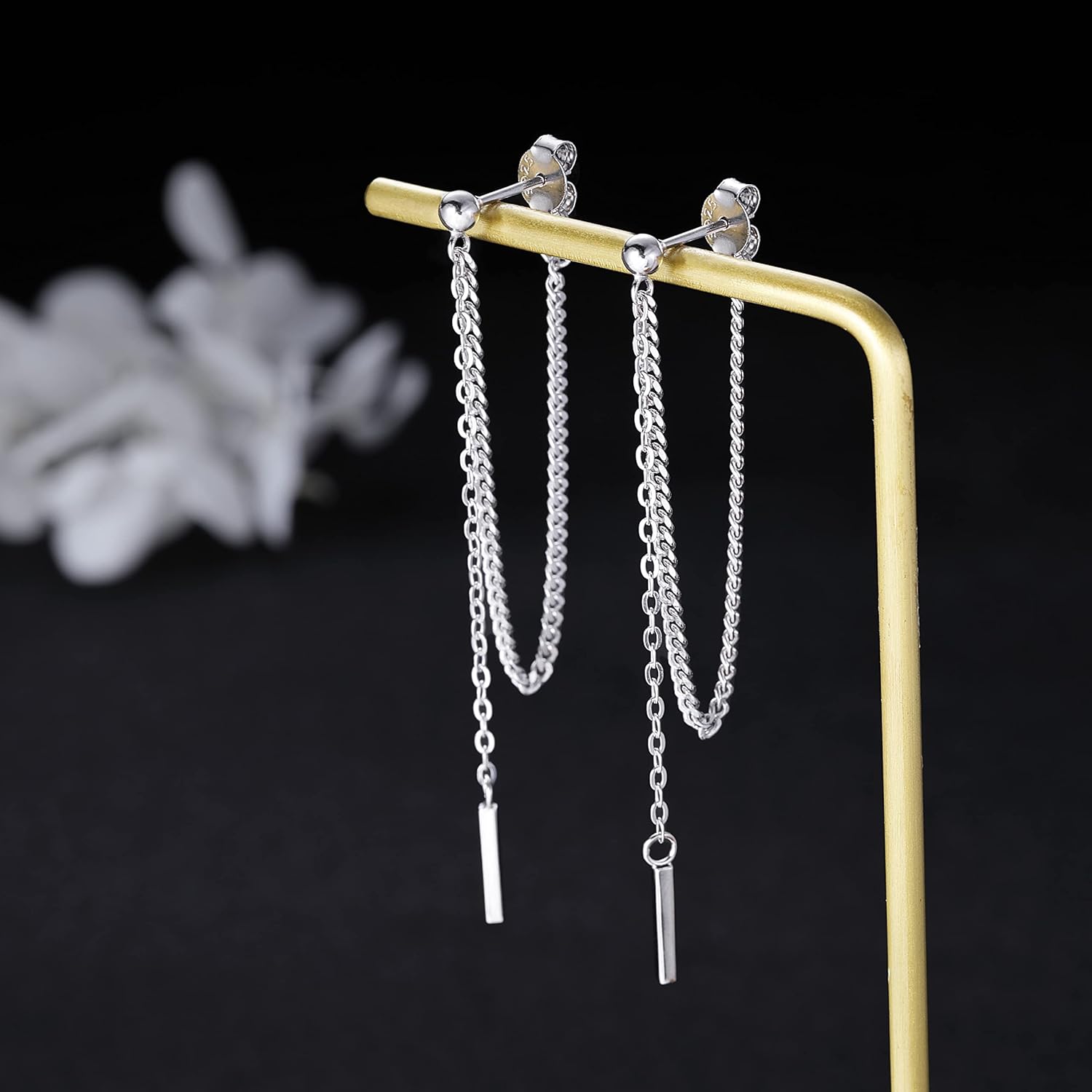 Solid 925 Sterling Silver Bar Dangle Earrings for Women Minimalist Dangle Earrings Threader Chain