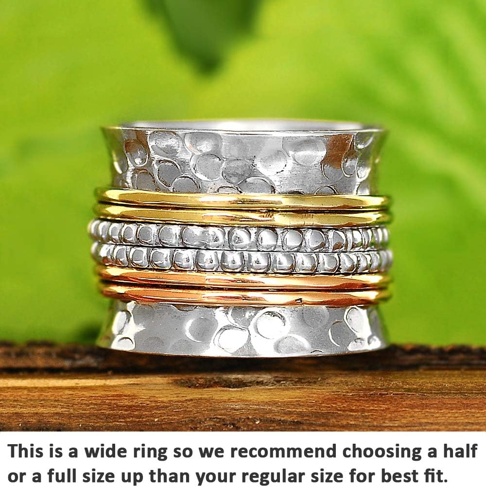 925 Sterling Silver Spinner Ring with Brass and Copper Fidget Rings for Women Wide Band