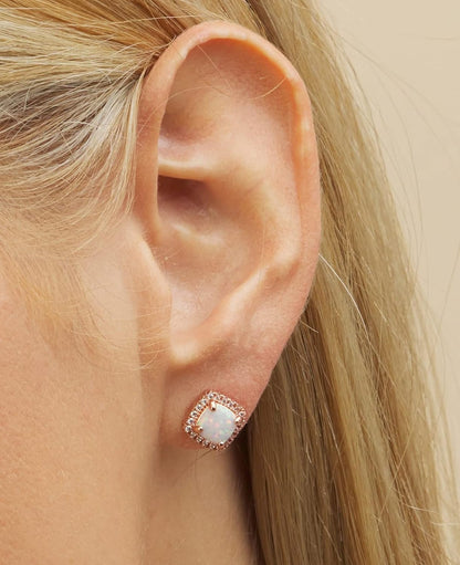 White Gold Plated Created White Opal Stud Earrings for Women - Made in Brazil