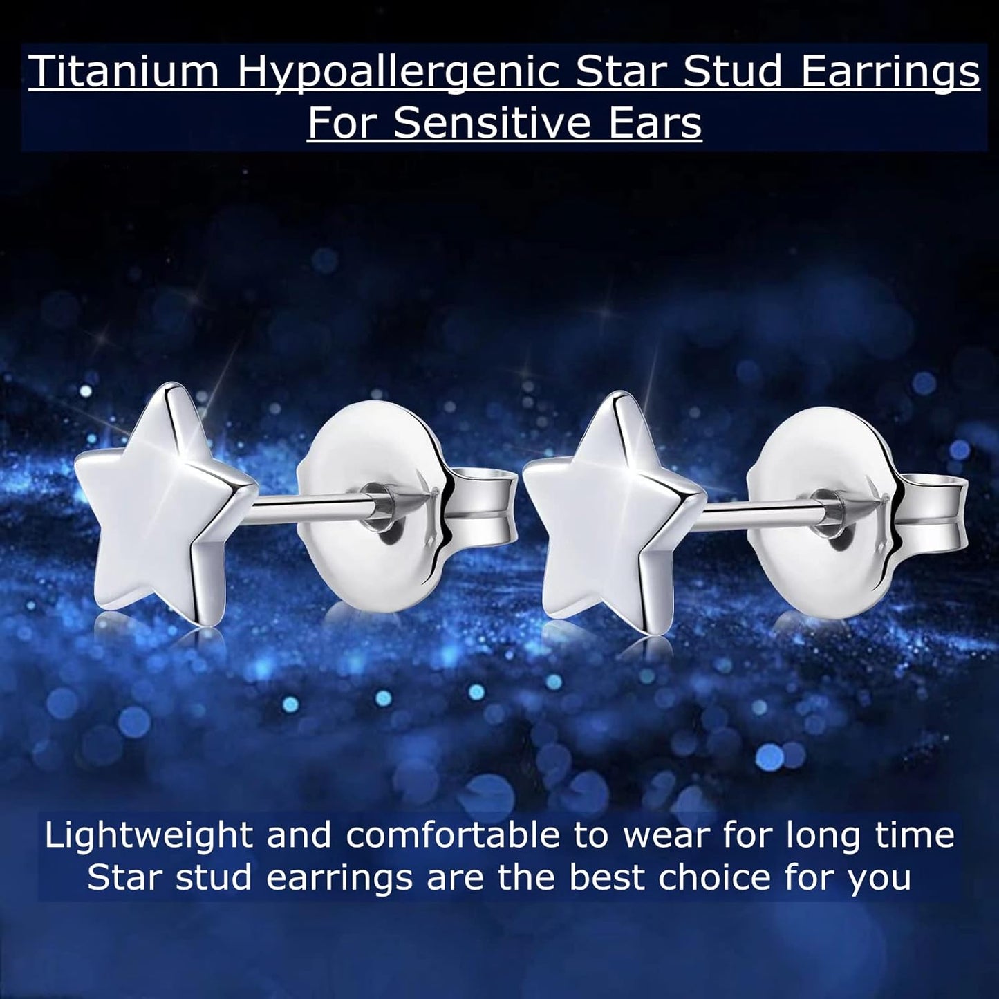 Titanium Earrings, Hypoallergenic Stud Earrings for Women Men Sensitive Ears Star/Moon/Lightning Bolt/Open Heart Premium High Polished (Shiny Grey)