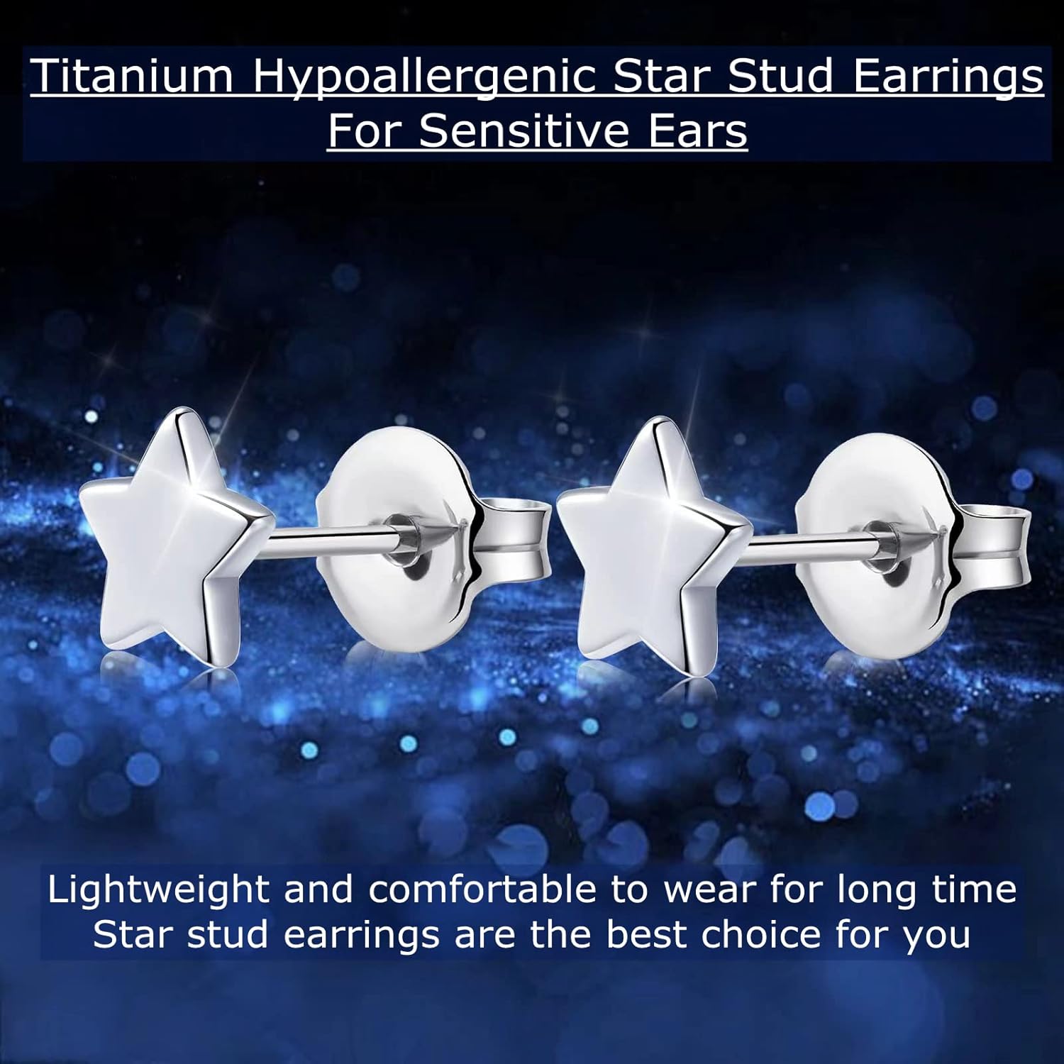 Titanium Earrings, Hypoallergenic Stud Earrings for Women Men Sensitive Ears Star/Moon/Lightning Bolt/Open Heart Premium High Polished (Shiny Grey)