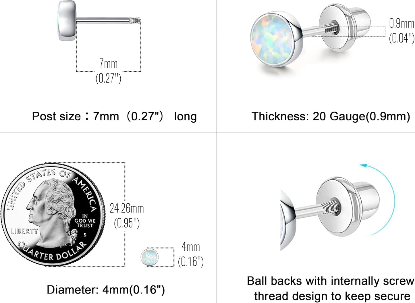 4Mm Opal Screw Twist Back Earrings for Women 925 Sterling Silver Tiny Comfy Opal Stud Hypoallergenic Earrings for Sensitive Ears Simulated Opal Jewelry Gifts