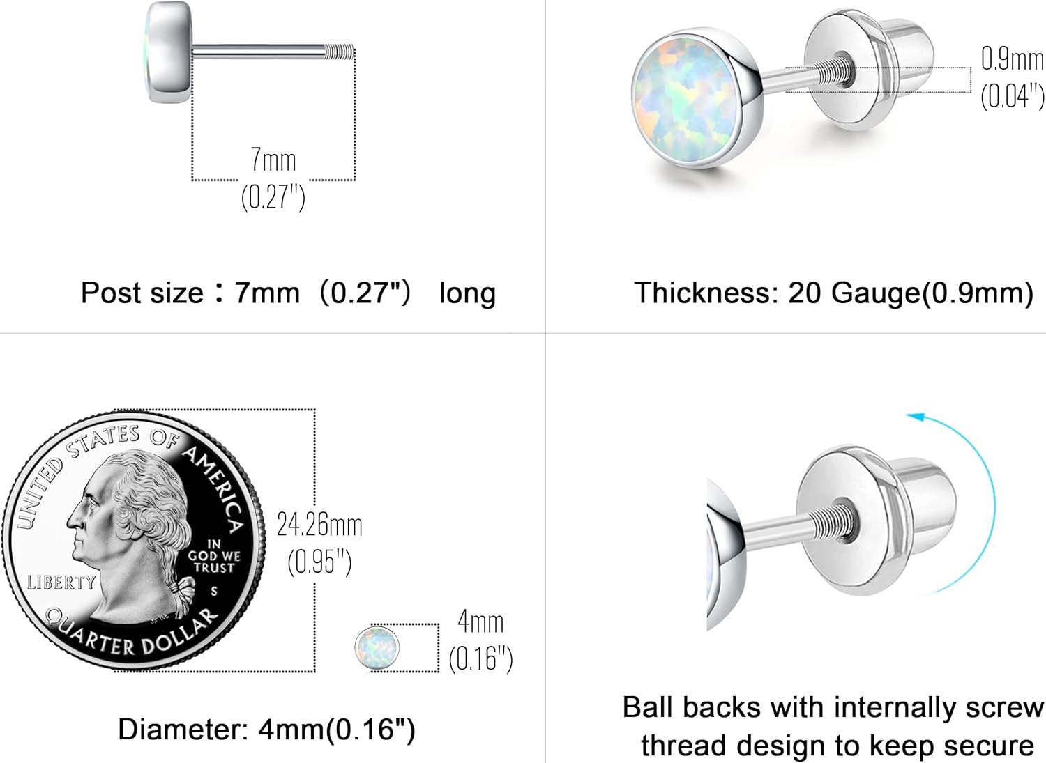 4Mm Opal Screw Twist Back Earrings for Women 925 Sterling Silver Tiny Comfy Opal Stud Hypoallergenic Earrings for Sensitive Ears Simulated Opal Jewelry Gifts