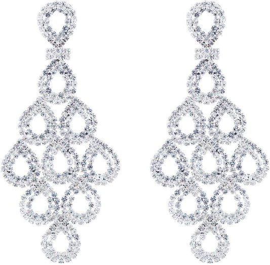 Silver Teardrop Crystal Long Tassels Dangle Earrings Sparkling Rhinestone Ladies Gifts