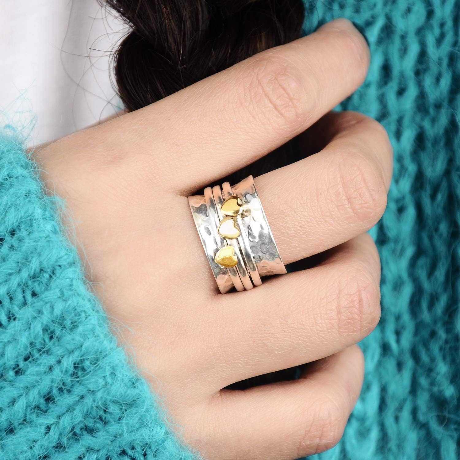 Spinner Ring for Women 925 Sterling Silver with Brass Hearts and Fidget Bands