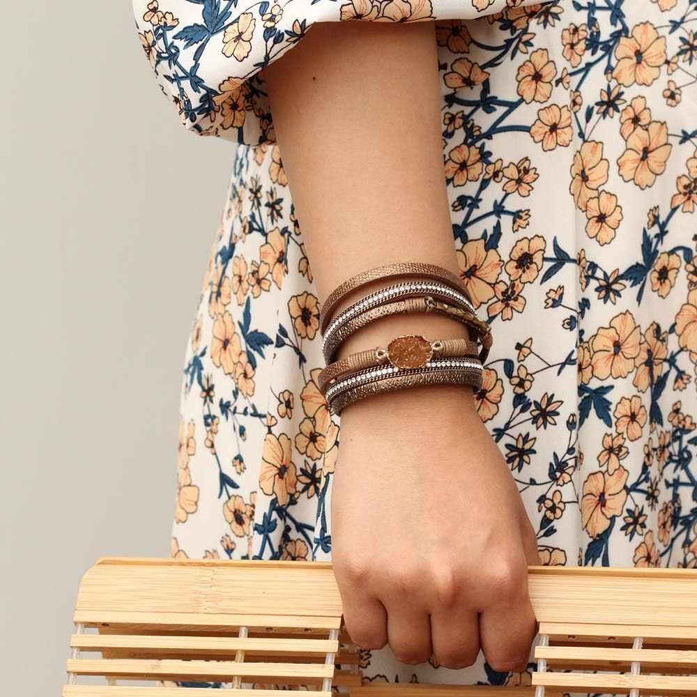 Leather Wrap Bracelet Boho Cuff Bangle Bracelets Crystal Bead Bracelet with Magnetic Clasp Jewelry Gifts for Women