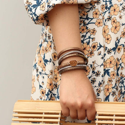 Leather Wrap Bracelet Boho Cuff Bangle Bracelets Crystal Bead Bracelet with Magnetic Clasp Jewelry Gifts for Women