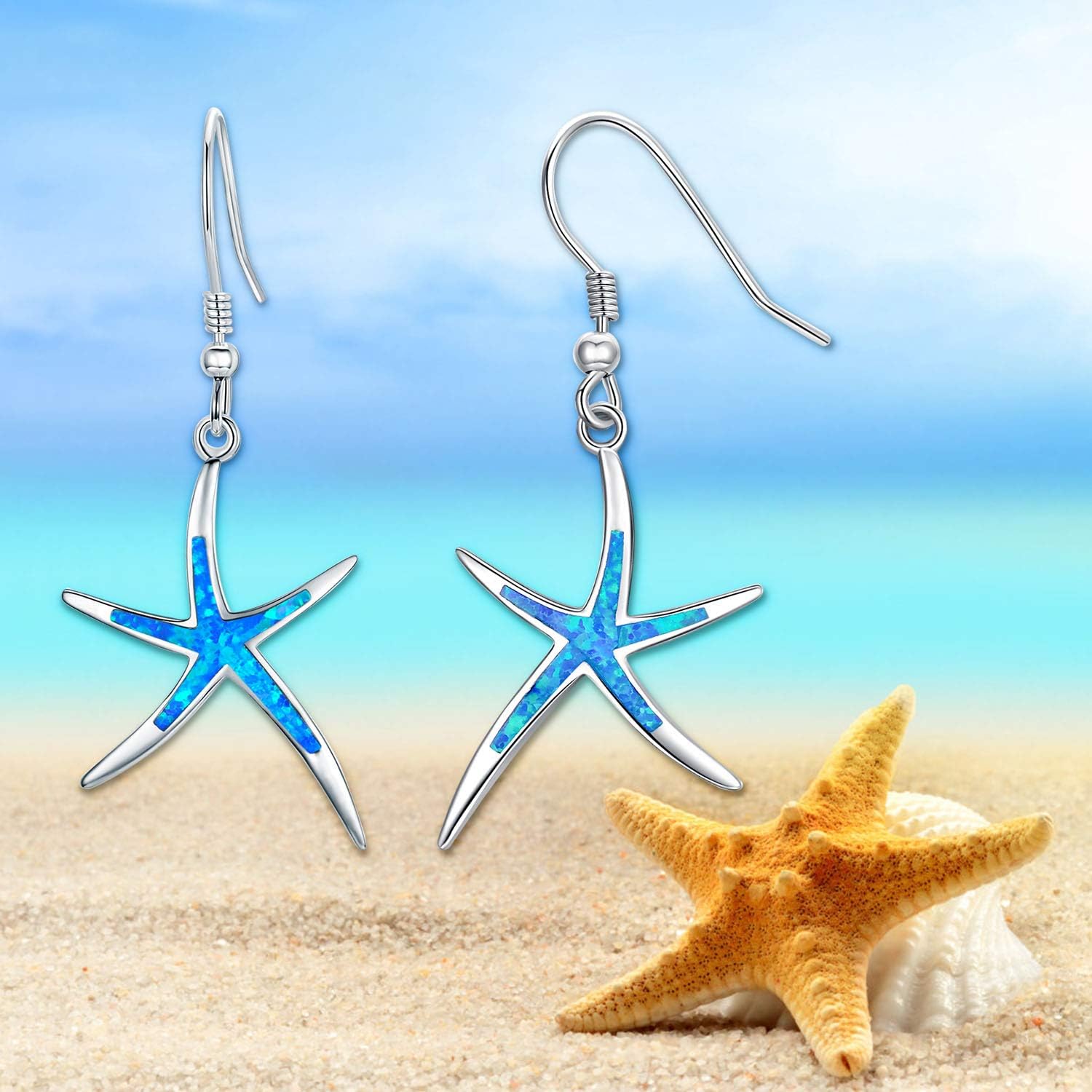 925 Sterling Silver Starfish Earrings with Opal Fish Hoops, Nautical Hawaiian Sea Beach Jewelry for Women and Starfish Lovers