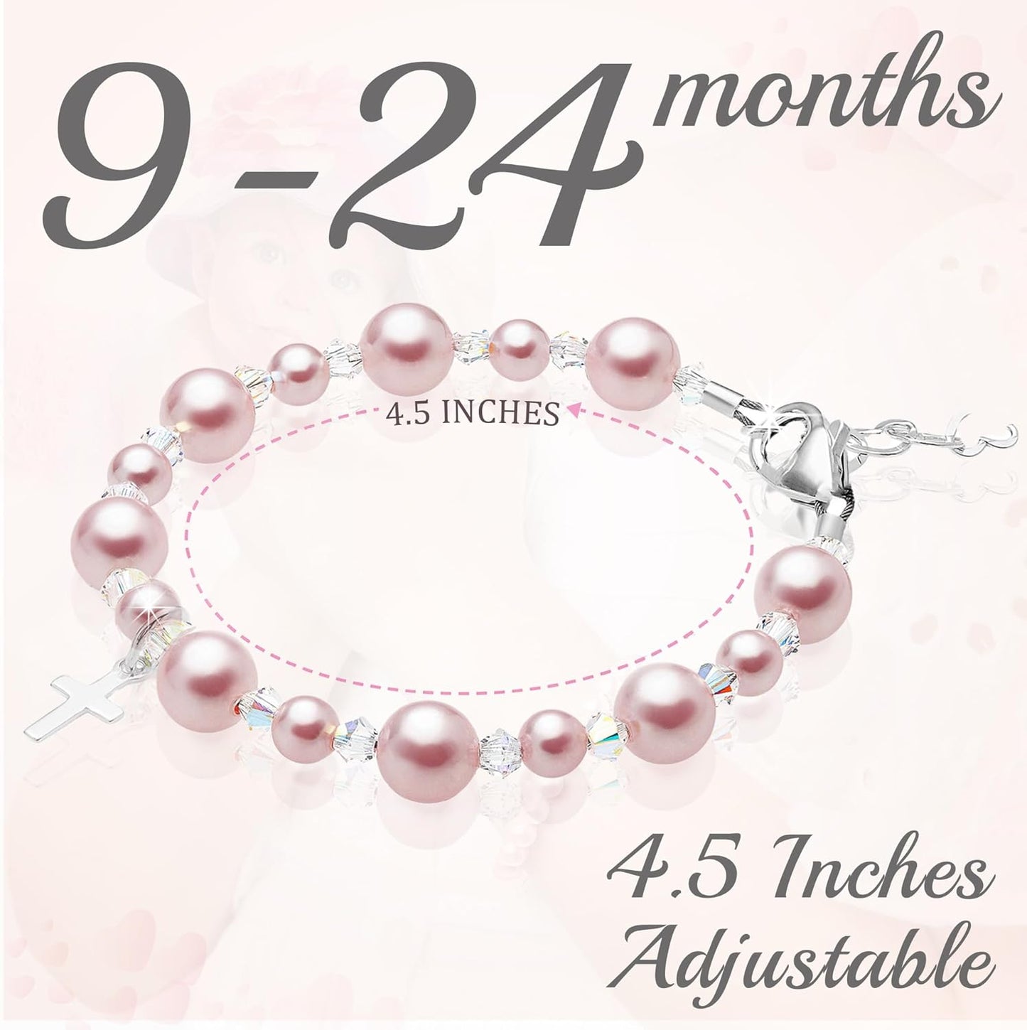 Pearl Bracelets for Girls, Sterling Silver Cross Charm, Baptism Gifts for Girl, Girls Bracelet, Rosaline Pink Pearls and Crystals, Girls Jewelry Birthday Gift