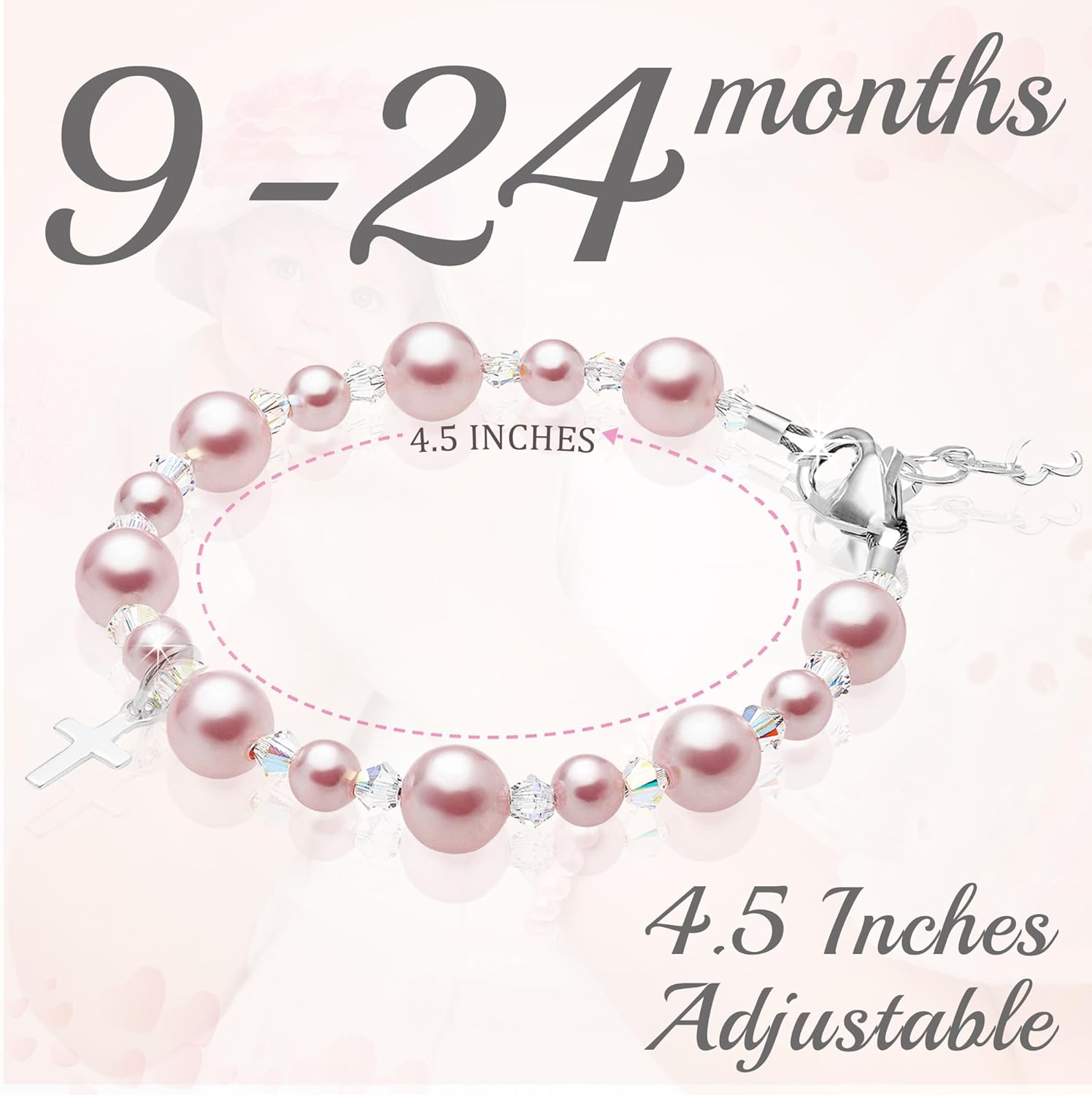 Pearl Bracelets for Girls, Sterling Silver Cross Charm, Baptism Gifts for Girl, Girls Bracelet, Rosaline Pink Pearls and Crystals, Girls Jewelry Birthday Gift