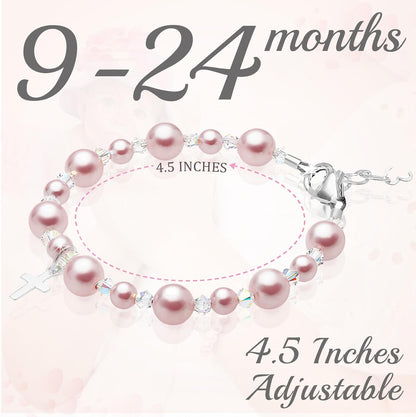 Pearl Bracelets for Girls, Sterling Silver Cross Charm, Baptism Gifts for Girl, Girls Bracelet, Rosaline Pink Pearls and Crystals, Girls Jewelry Birthday Gift