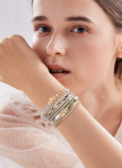 Wowanoo 3Pack Leather Cuff Bracelet Set Multilayer Wrap Bracelet Crystal Feather Tree Bracelet Magnetic Clasp Bracelet for Women