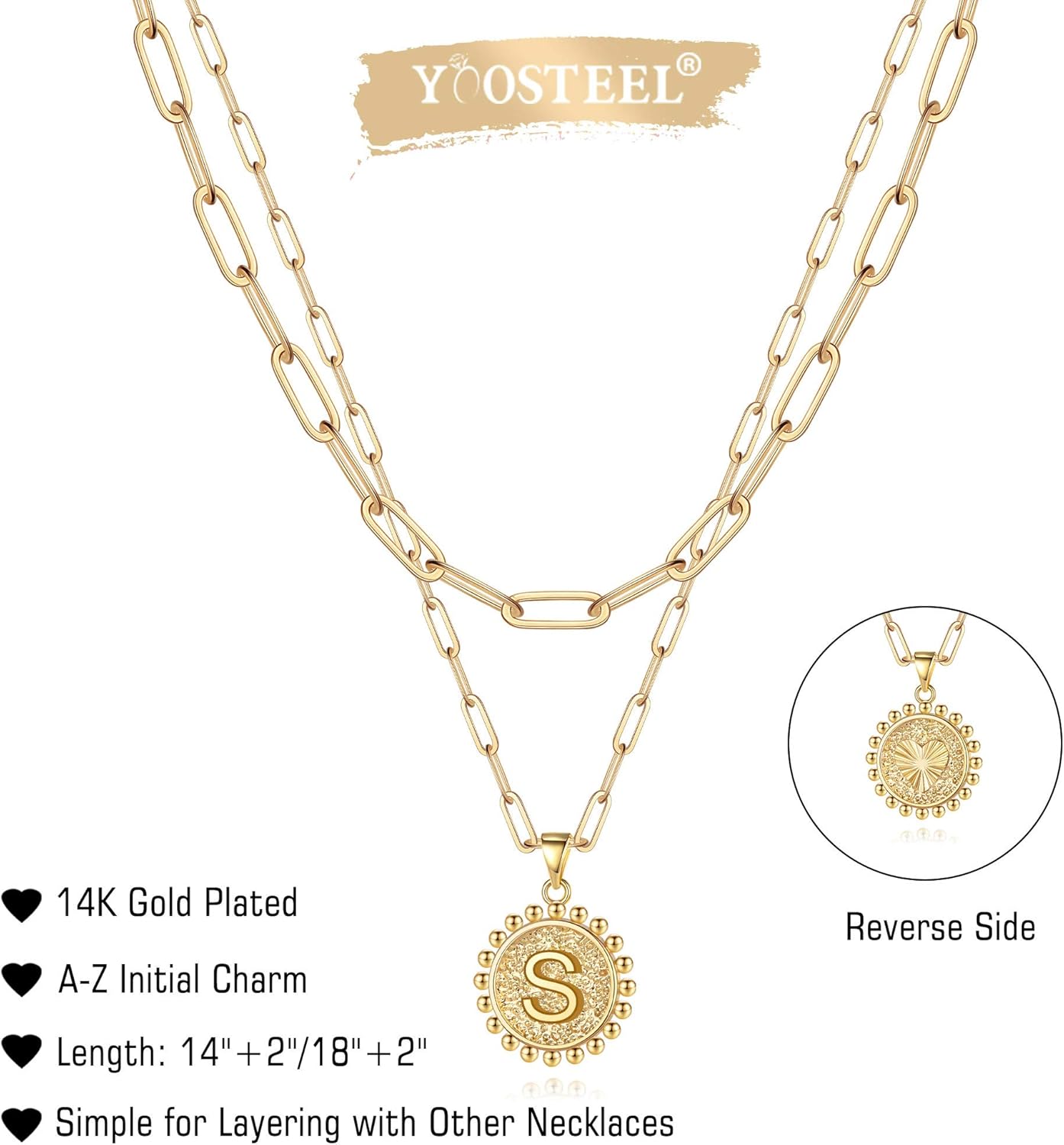 Gold Initial Necklaces for Women, 14K Gold Plated Dainty Layering Paperclip Link Chain Necklace Coin Initial Layered Necklaces for Women Personalized Birthday Gifts