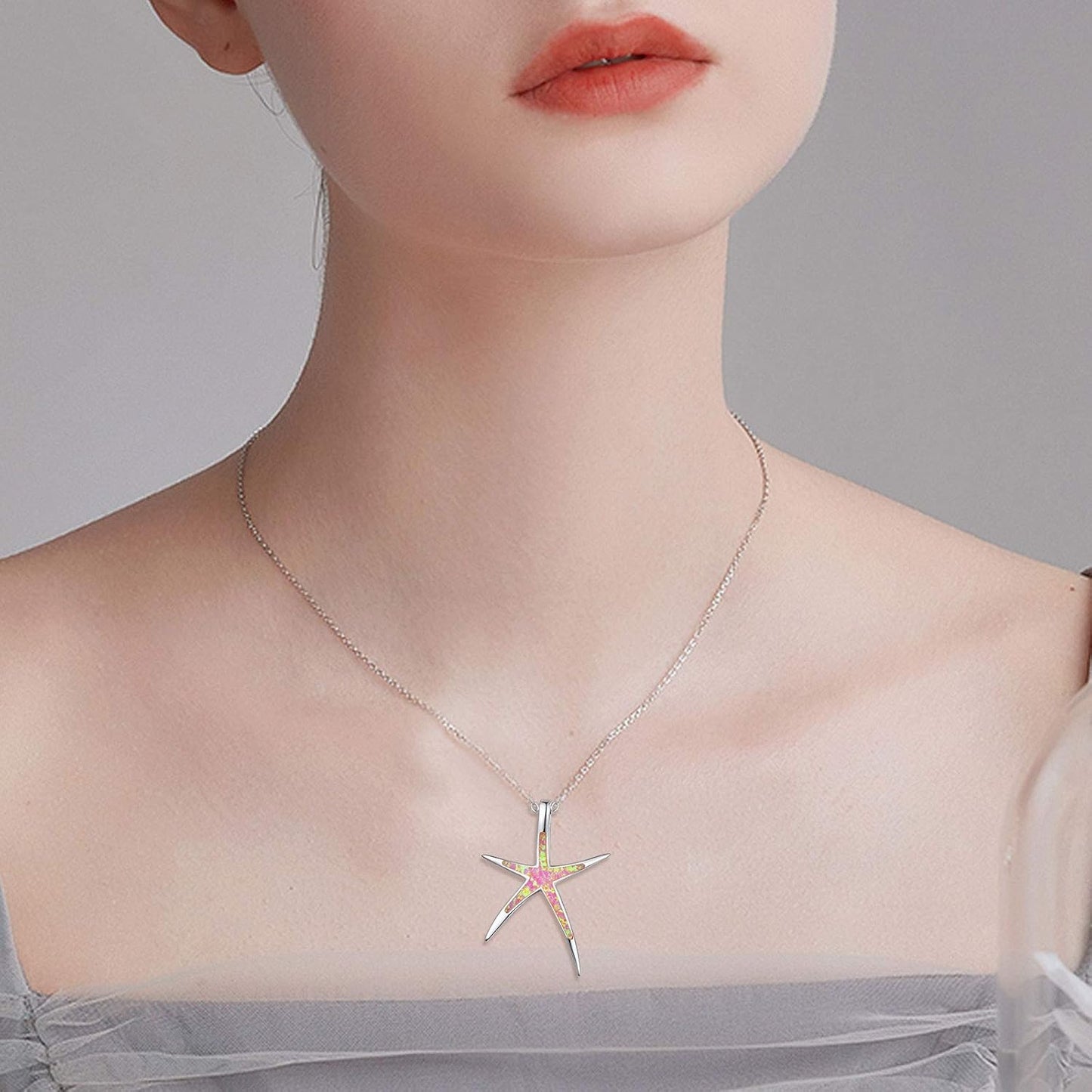 Starfish Necklace, 925 Sterling Silver with Opal, Hawaiian Beach Nautical Ocean Pendant, Starfish Jewelry Opal Jewelry Valentine for Women Girlfriend