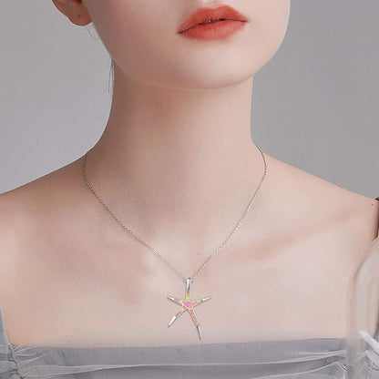 Starfish Necklace, 925 Sterling Silver with Opal, Hawaiian Beach Nautical Ocean Pendant, Starfish Jewelry Opal Jewelry Valentine for Women Girlfriend