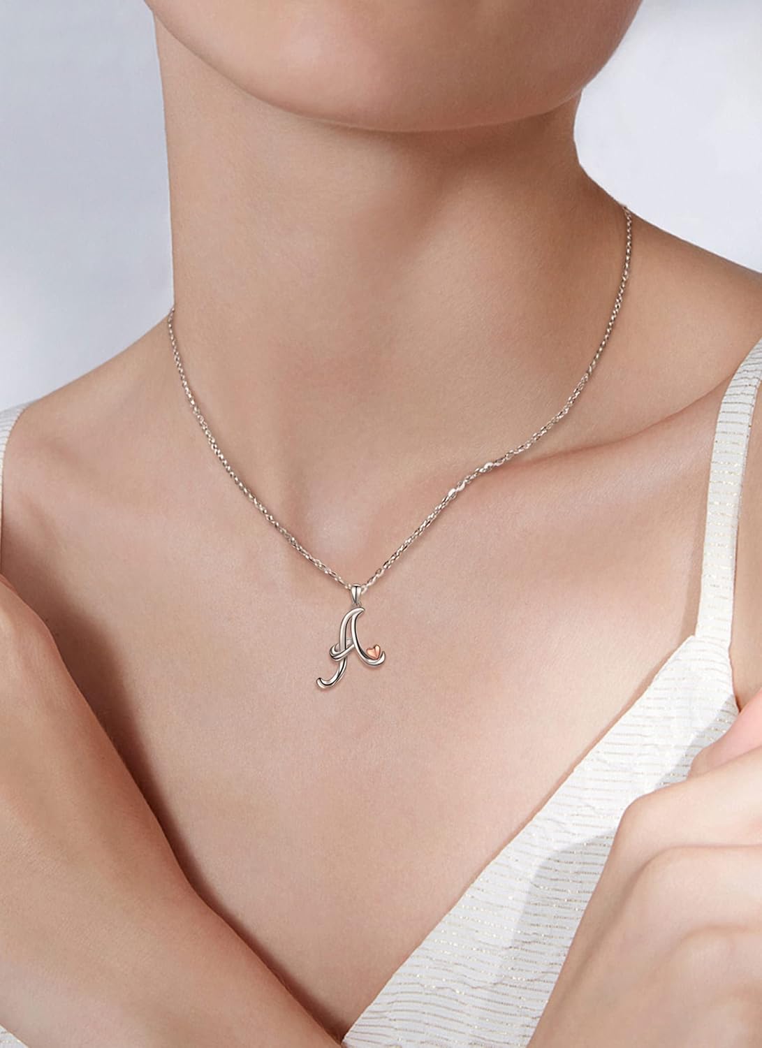 925 Sterling Silver Initial Necklaces 26 Letter with Rose Gold Heart - 18 Inch Chain