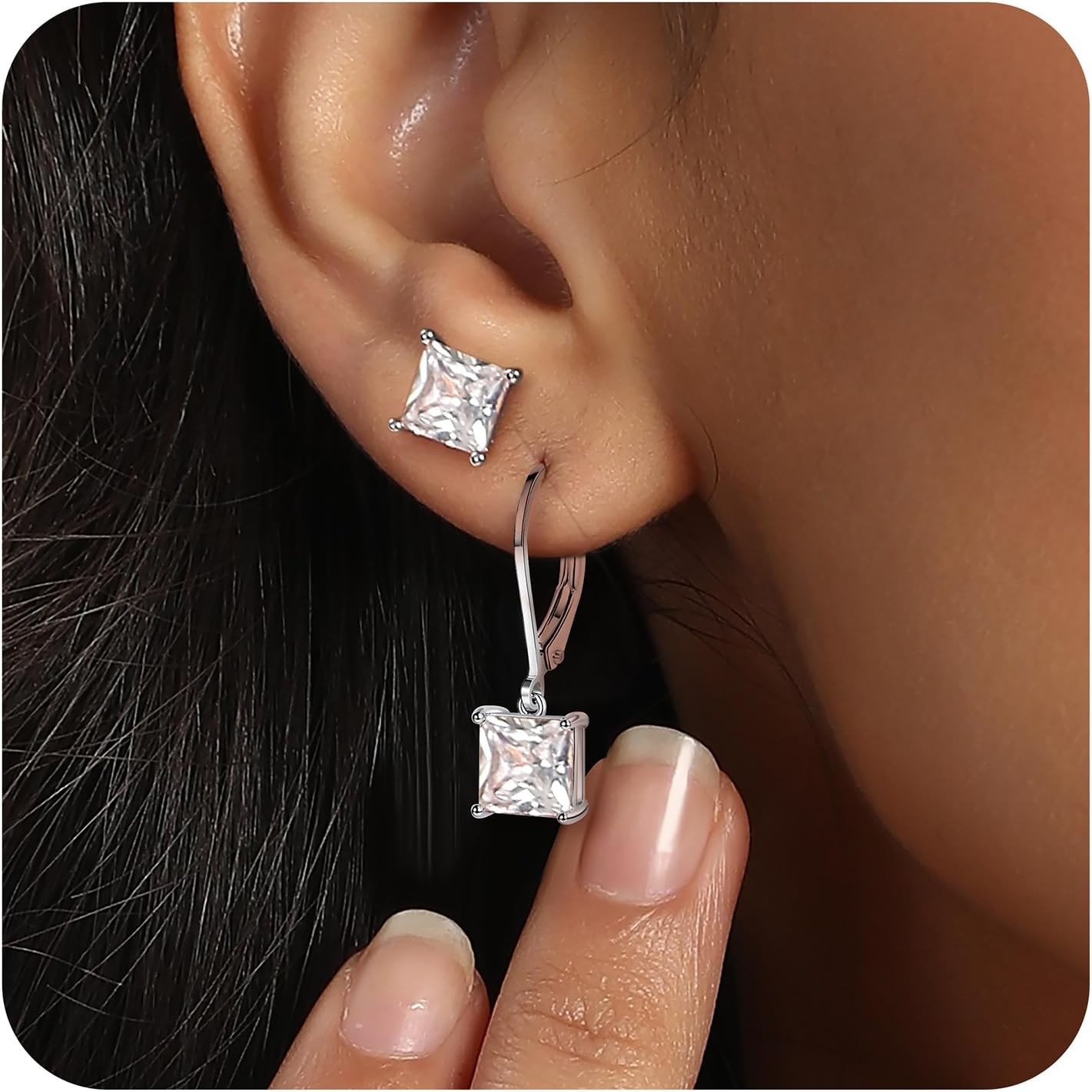 18K White Gold Plated round Princess Cut Clear Cubic Zirconia Tear Drop Dangle Earrings for Women Hypoallergenic