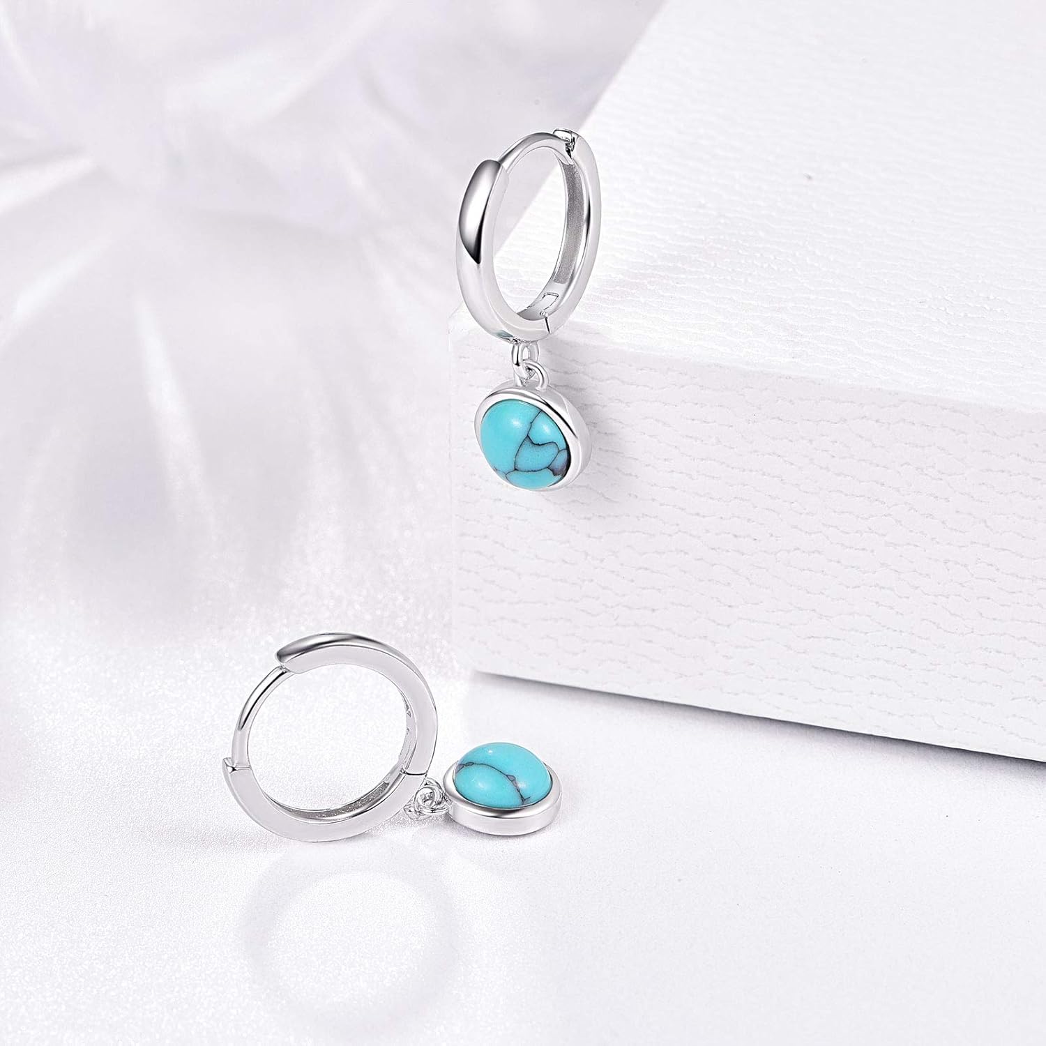 Turquoise Small Hoops Earrings, 925 Sterling Silver round Shape Huggie Hypoallergenic for Sensitive Ears, Turquoise Jewelry for Women Mom Wife Girlfriend with Box
