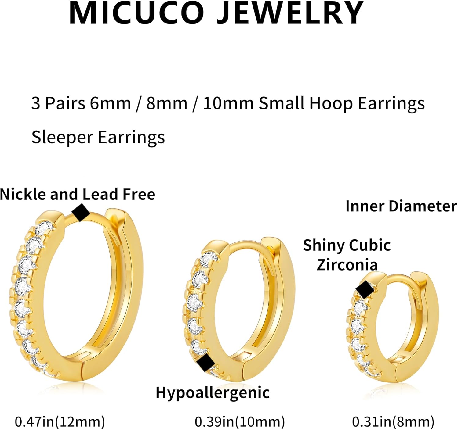 3 Pairs Small Hoop Earrings Tiny Cartilage Earrings for Women Cubic Zirconia Earrings Huggie Hoop Ear Piercing Earrings for Men 8Mm 10Mm 12Mm