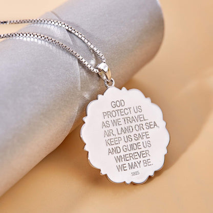St Christopher Necklace Solid 925 Sterling Sliver Engraved Pendant round Religious Talisman Jewelry for Women