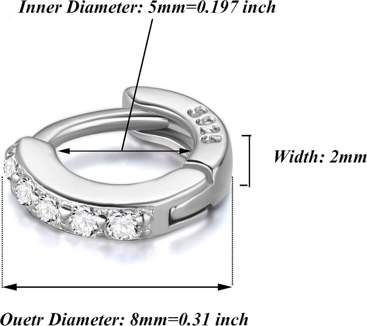 Tiny Huggie Hoop Earrings 925 Sterling Silver CZ Cubic Zirconia 5Mm Small Cartilage Hugging Earring Mini Hoop Rook Daith Forward Helix Snug Tragus Piercing for Women