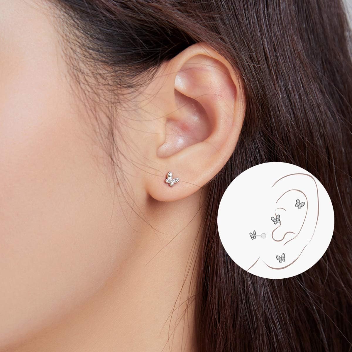 925 Sterling Silver Tiny Butterfly Heart Star Earrings with Screw Back Cubic Zirconia Stud Earrings for Women Cartilage Jewelry