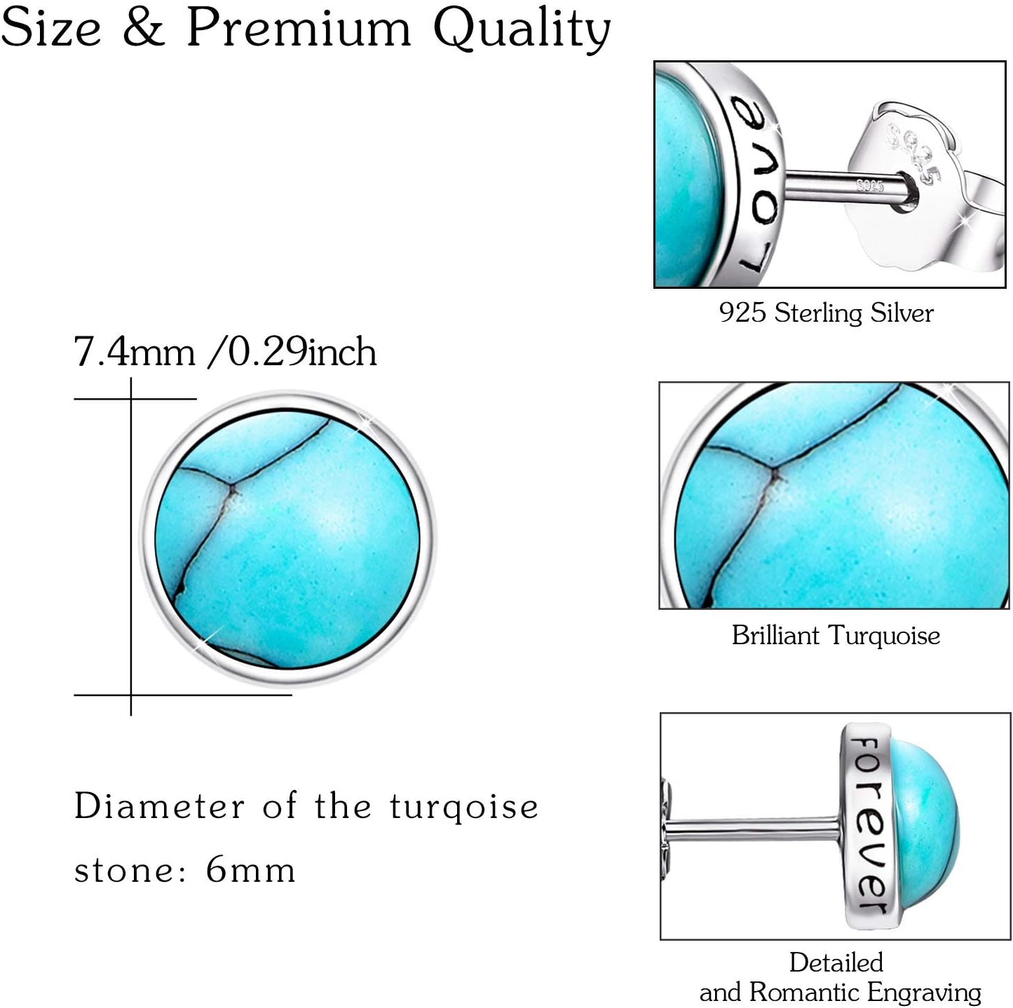 925 Sterling Silver Turquoise Studs Hypoallergenic Earrings for Sensitive Ears with Romantic "Forever" "Love" Engraving, Turquoise Jewelry Mother Day for Women Girlfriend-4Mm 6MM