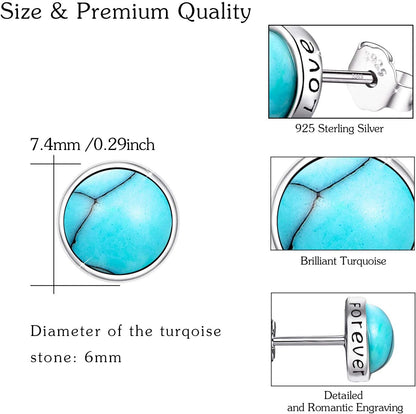 925 Sterling Silver Turquoise Studs Hypoallergenic Earrings for Sensitive Ears with Romantic "Forever" "Love" Engraving, Turquoise Jewelry Mother Day for Women Girlfriend-4Mm 6MM