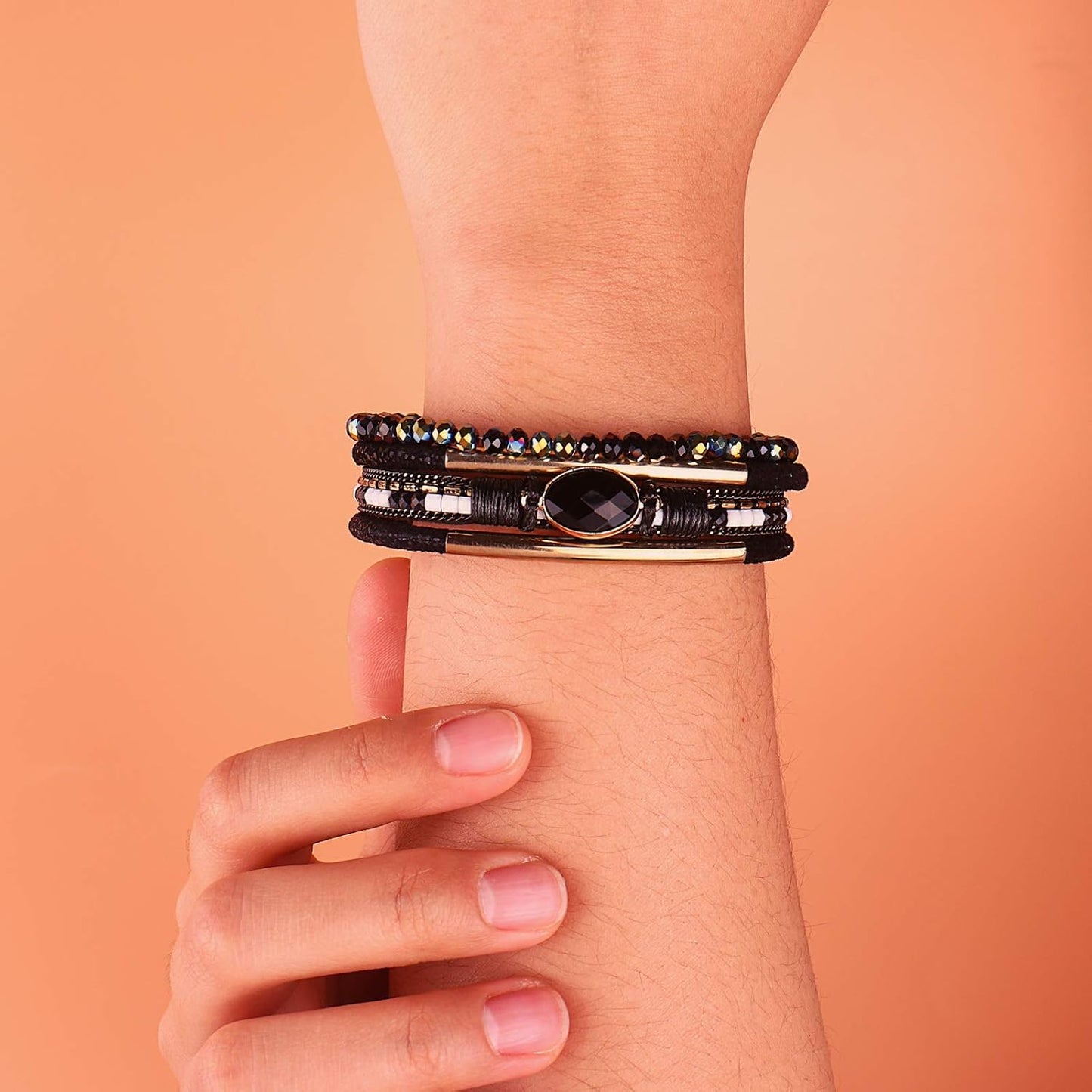 Leather Wrap Bracelets Crystal Beads Bracelet Boho Cuff Stone Charm Bracelets with Clasp Costume Jewelry for Women