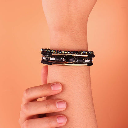 Leather Wrap Bracelets Crystal Beads Bracelet Boho Cuff Stone Charm Bracelets with Clasp Costume Jewelry for Women