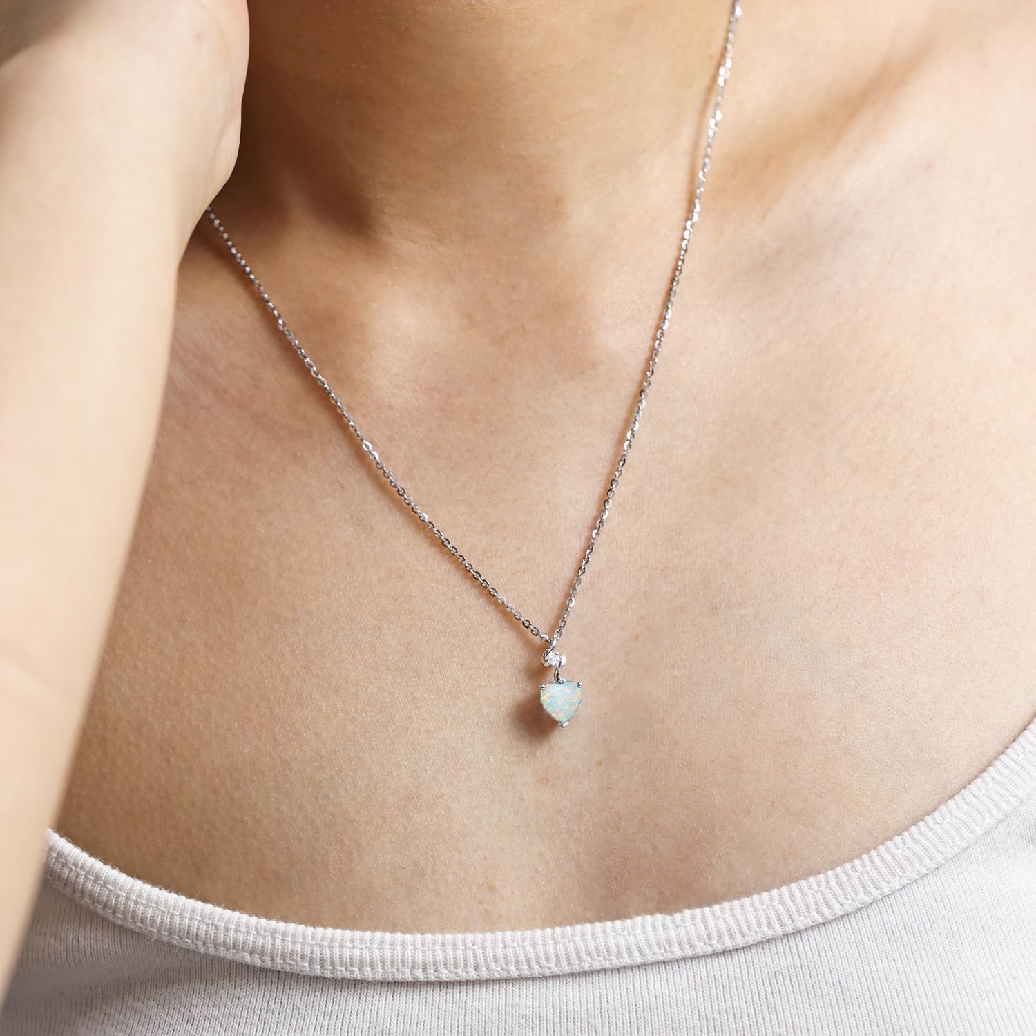 14K Solid White Gold Diamond Gemstone Pendant with Sterling Silver Chain 8Mm Heart Birthstone Necklace Fine Jewelry Anniversary Birthday Gifts for Women Mom Wife