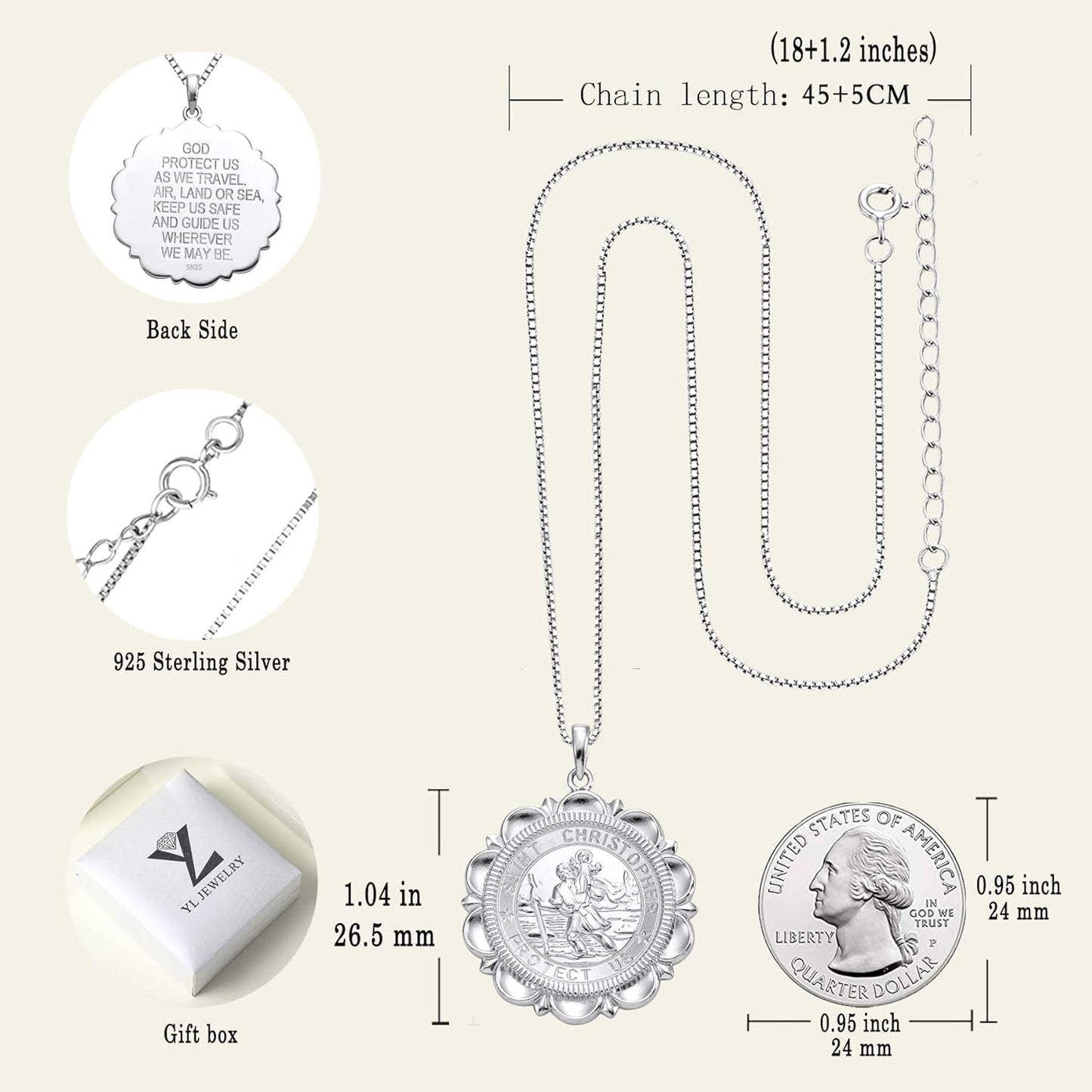 St Christopher Necklace Solid 925 Sterling Sliver Engraved Pendant round Religious Talisman Jewelry for Women