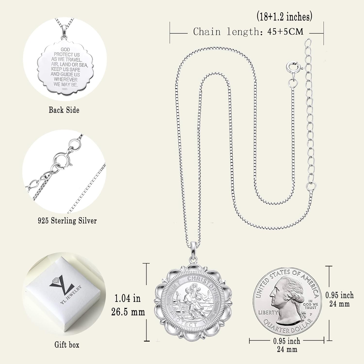 St Christopher Necklace Solid 925 Sterling Sliver Engraved Pendant round Religious Talisman Jewelry for Women