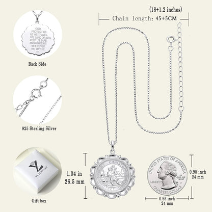 St Christopher Necklace Solid 925 Sterling Sliver Engraved Pendant round Religious Talisman Jewelry for Women