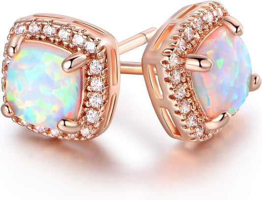 White Gold Plated Created White Opal Stud Earrings for Women - Made in Brazil
