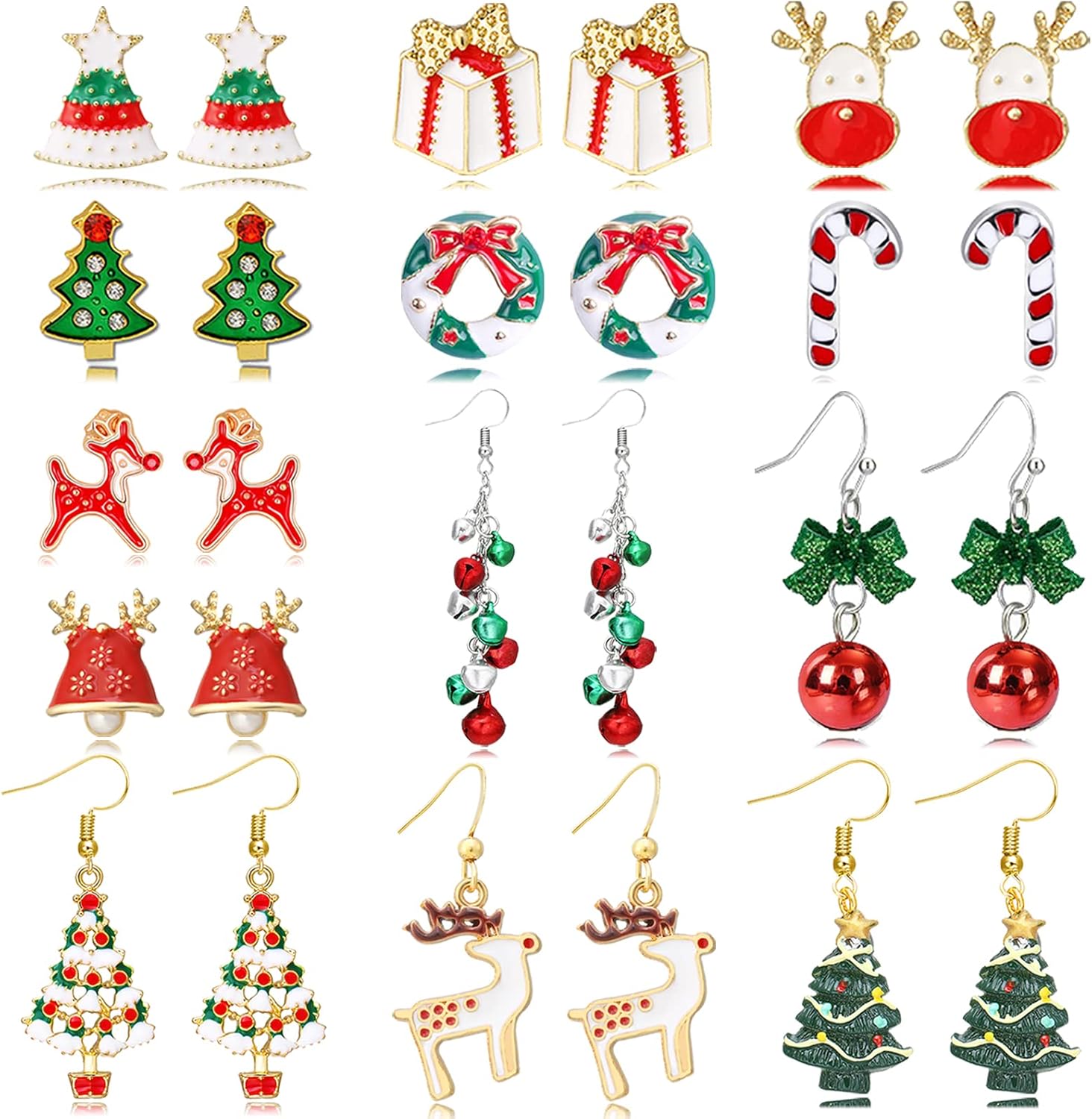 Christmas Earrings Set for Women Holiday Earrings Christmas Tree Jingle Bell Bow Earrings Snowflake Candy Cane Dangle Earrings Jewelry Costume Outfit Accessories