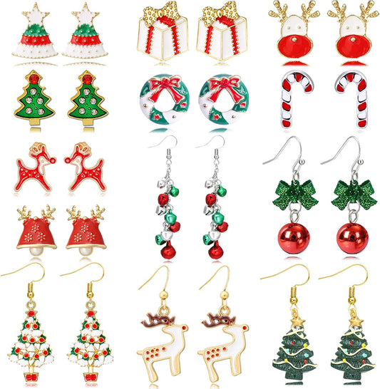Christmas Earrings Set for Women Holiday Earrings Christmas Tree Jingle Bell Bow Earrings Snowflake Candy Cane Dangle Earrings Jewelry Costume Outfit Accessories