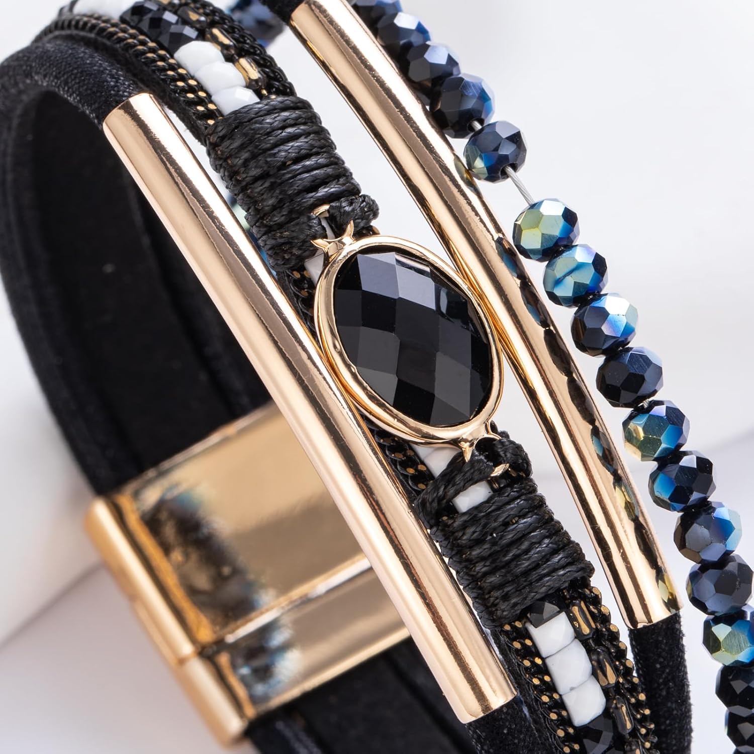 Leather Wrap Bracelets Crystal Beads Boho Cuff Stone Charm Bracelets with Clasp Costume Jewelry for Women