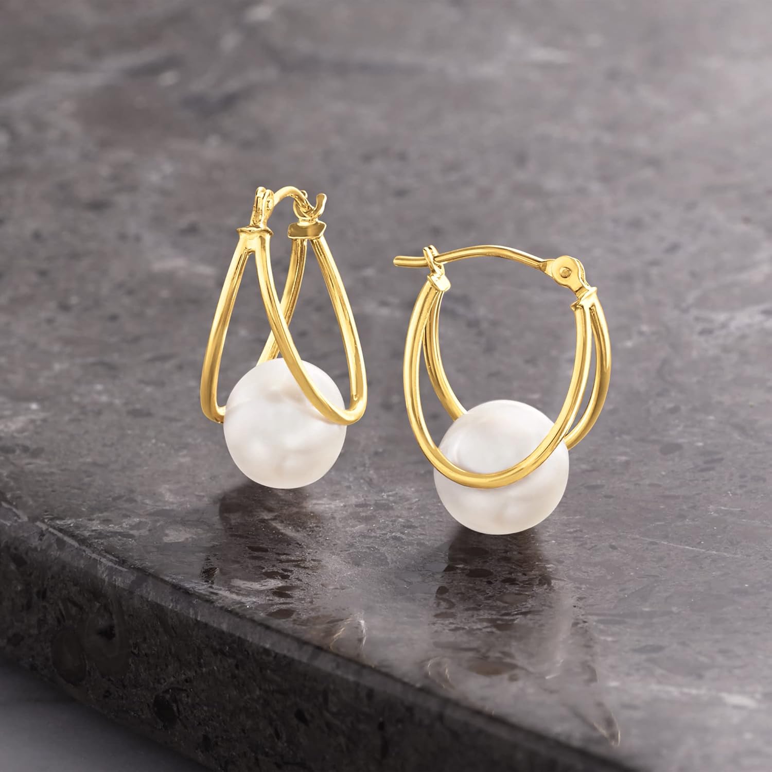 8-9Mm Cultured Pearl Double-Hoop Earrings in 14Kt Yellow Gold. 3/4